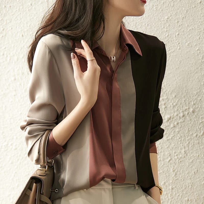 Vintage Long Sleeve Satin Blouse Women Autumn Polo Collar Button Up Shirt L S3777627