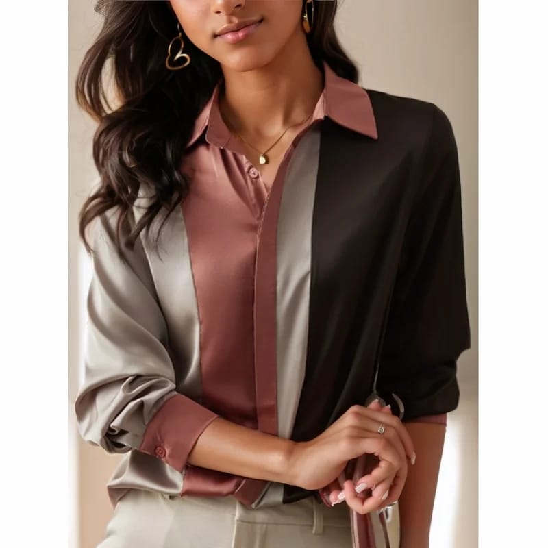 Vintage Long Sleeve Satin Blouse Women Autumn Polo Collar Button Up Shirt L S3777627