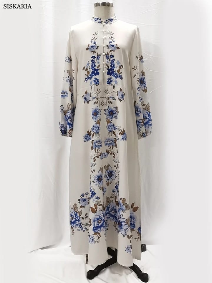 Women's High Neck Kaftan Dress Ethnic Classic Print Elegant Casual XL S5040603