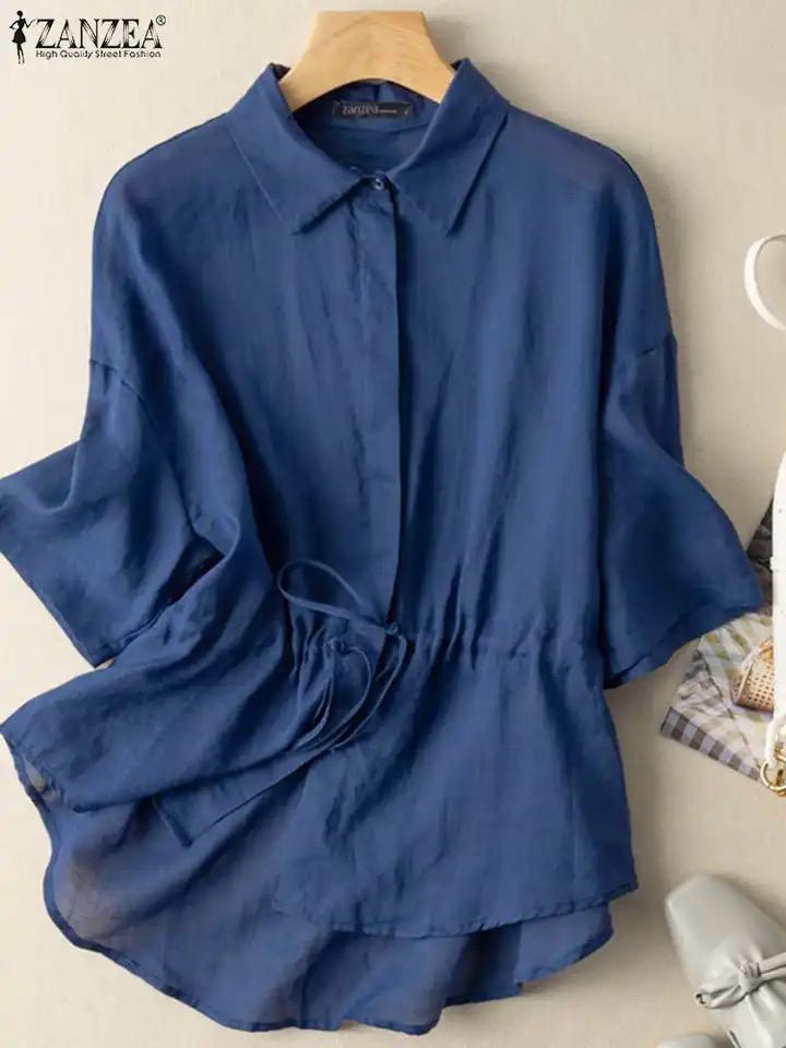 ZANZEA Lapel Collar 3/4 Long Sleeves Solid Color Shirt L S4585772 ZANZEA Lapel Collar 3/4 Long Sleeves Solid Color Shirt L S4585772