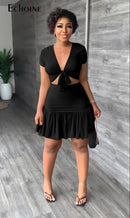 Summer Women Solid Deep V Neck Short Sleeves Top +Short Skirt Two 2 Piece Set XL S4595990 - TUZZUT Qatar Online Shopping