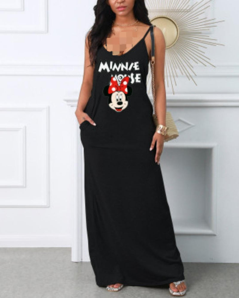 Print Minnie Mouse V-Neck Split Skirt Long Maxi Dress M S2204995