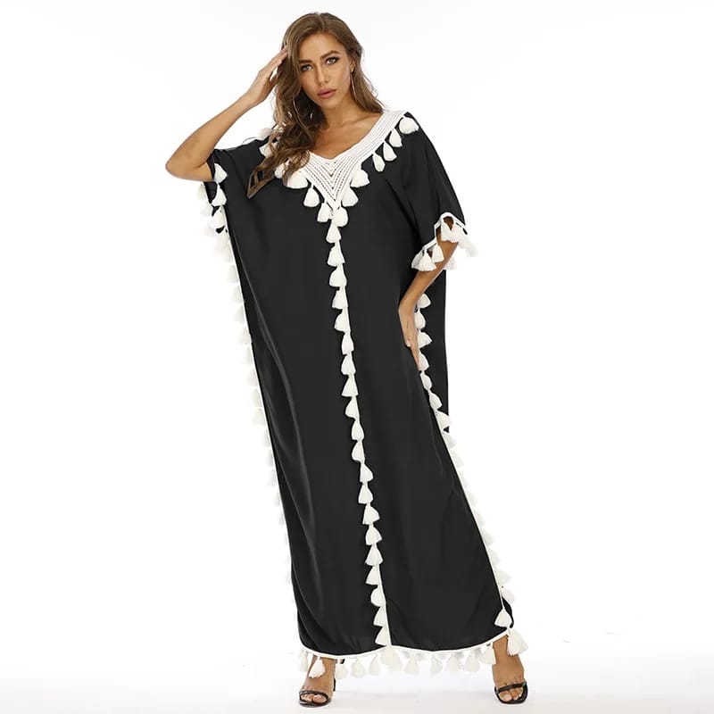 Summer Short Sleeve Tassel Ruffles Muslim Moroccan Kaftan Maxi Dress 000822003