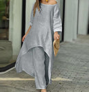 Women Casual 2 Piece Set O-Neck Long Sleeve Top and Wide Leg Pants 2XL B-54276 - TUZZUT Qatar Online Shopping