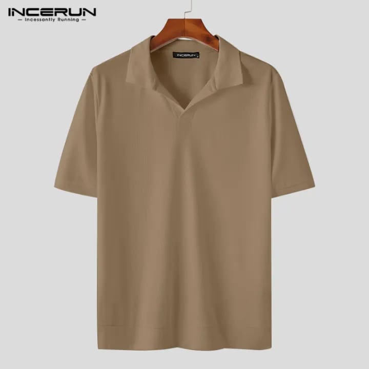 INCERUN Men's Versatile Lapel Fitting Solid Short Sleeve Top L S4796658