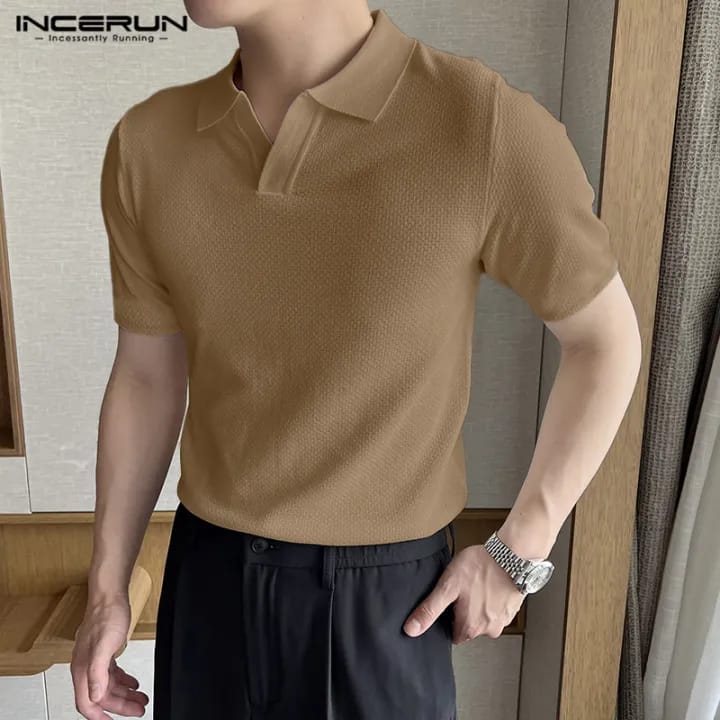INCERUN Men's Versatile Lapel Fitting Solid Short Sleeve Top L S4796658