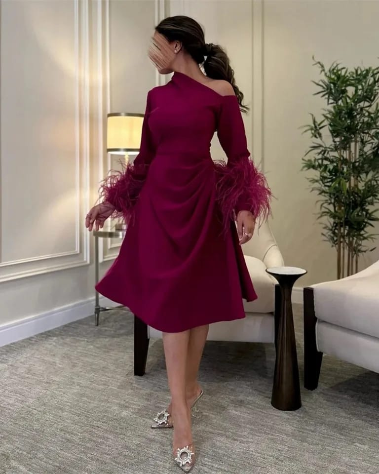 A-line Feathers Long Sleeve Party Dress Knee Length Formal Evening ...