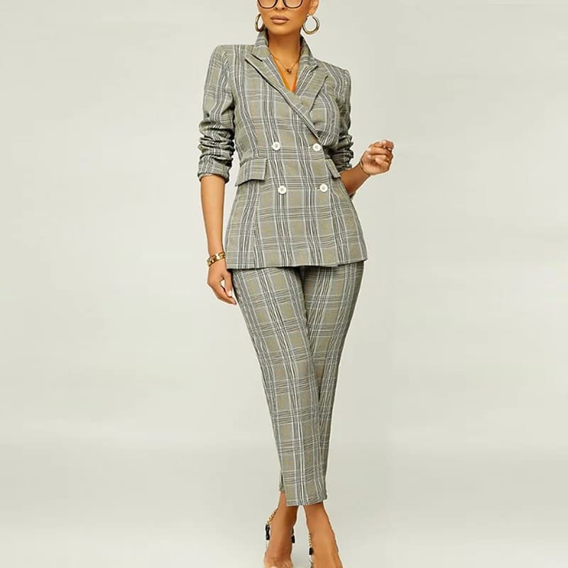 Plaid Print Blazer Pant Suits Womens Two Piece Set XL 333610