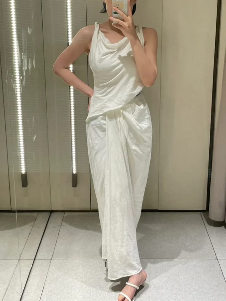 Linen Blend Women's Asymmetric Dress Pleated Drape Sleeveless Casual Robe M 40288 Linen Blend Women's Asymmetric Dress Pleated Drape Sleeveless Casual Robe M 40288