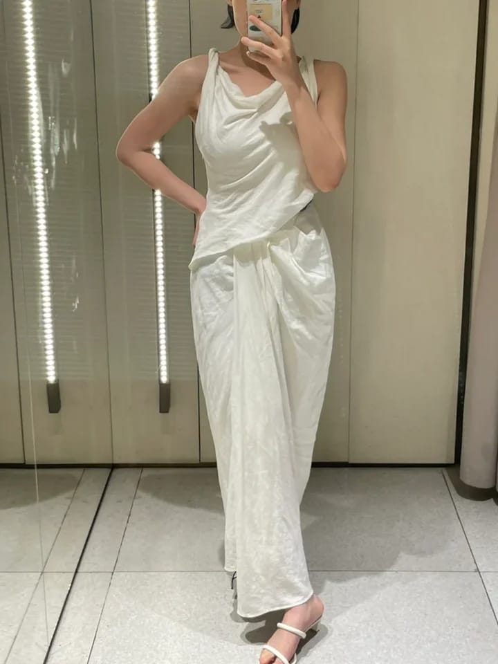 Linen Blend Women's Asymmetric Dress Pleated Drape Sleeveless Casual Robe M 40288