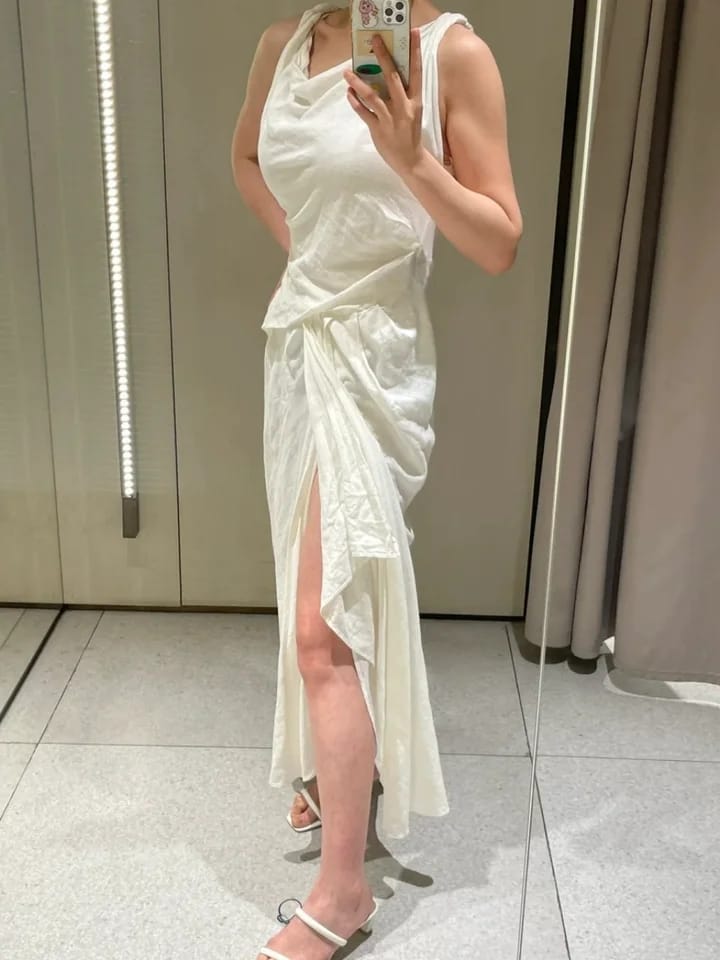 Linen Blend Women's Asymmetric Dress Pleated Drape Sleeveless Casual Robe M 40288 Linen Blend Women's Asymmetric Dress Pleated Drape Sleeveless Casual Robe M 40288