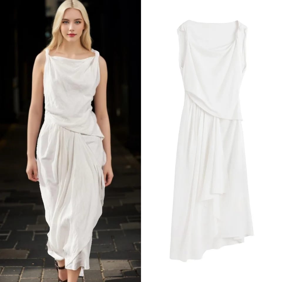 Linen Blend Women's Asymmetric Dress Pleated Drape Sleeveless Casual Robe M 40288 Linen Blend Women's Asymmetric Dress Pleated Drape Sleeveless Casual Robe M 40288