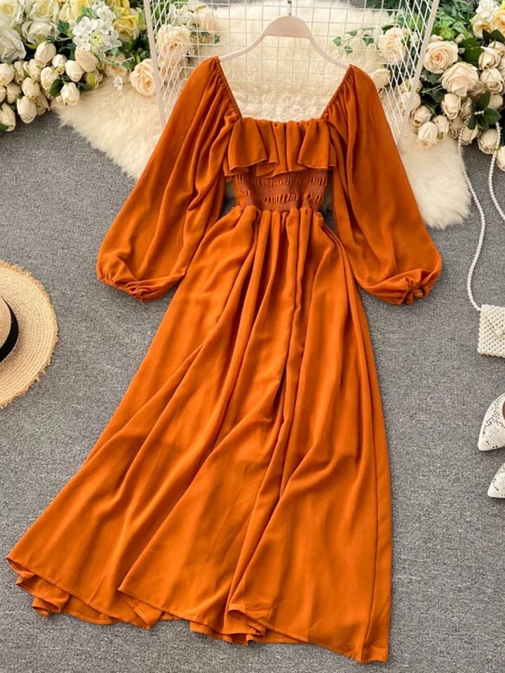 New Women's French Vintage Square Collar Puffy Sleeve Chiffon Dress S4865716