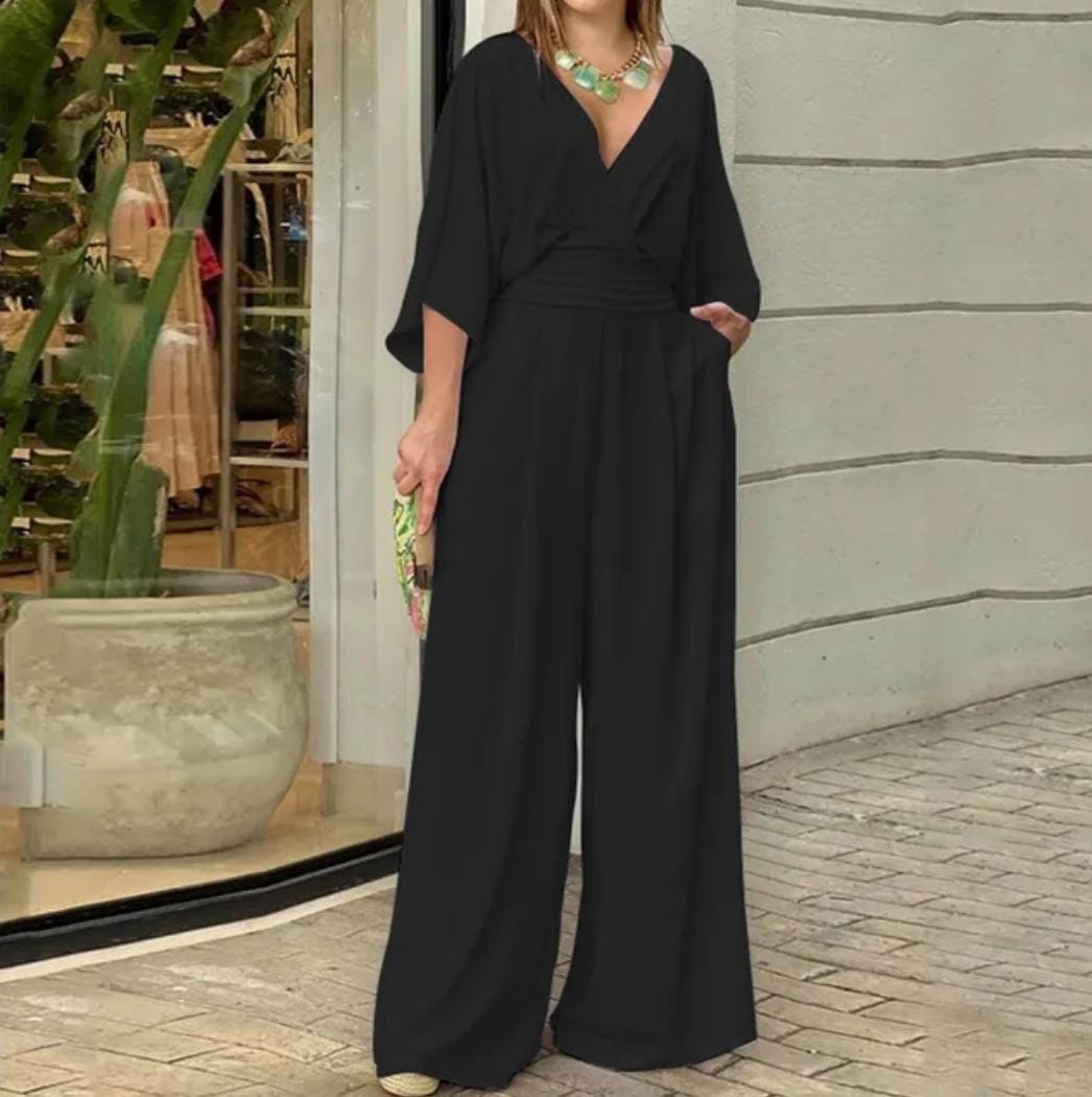 Bat Sleeve Wide Leg Solid Color Simple Temperament Elegant V-neck Women ...