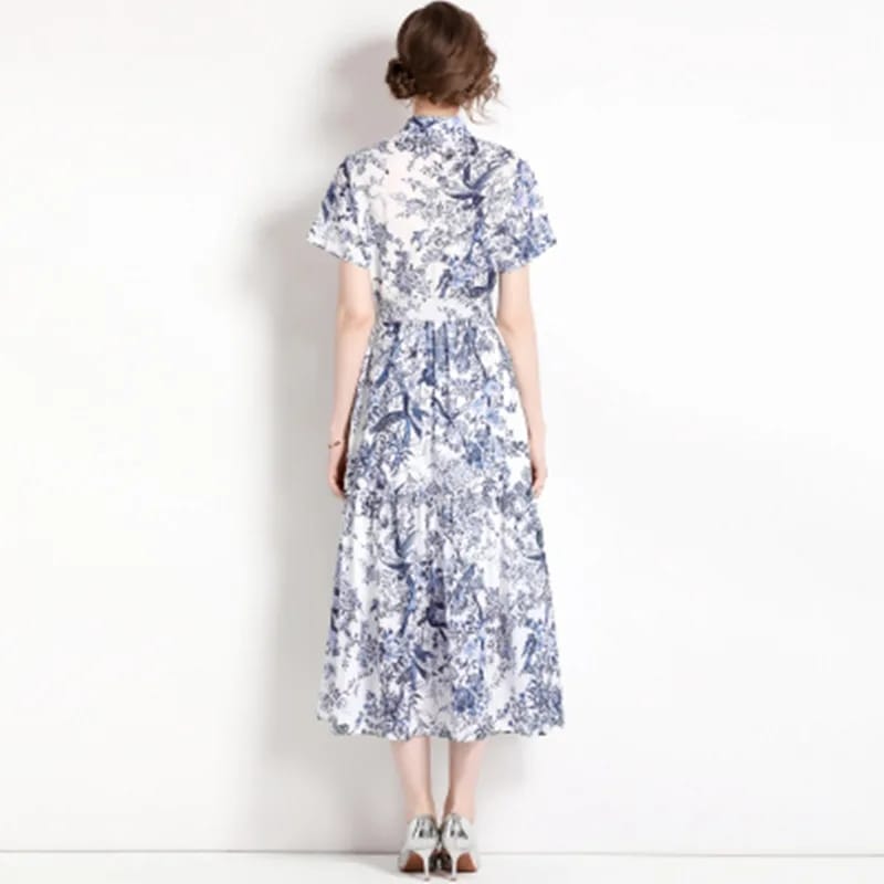 Women Fashion Single Breasted Short Sleeve Female Elegant Floral Print A-Line Belt Midi Dress L S4863819 Women Fashion Single Breasted Short Sleeve Female Elegant Floral Print A-Line Belt Midi Dress L S4863819