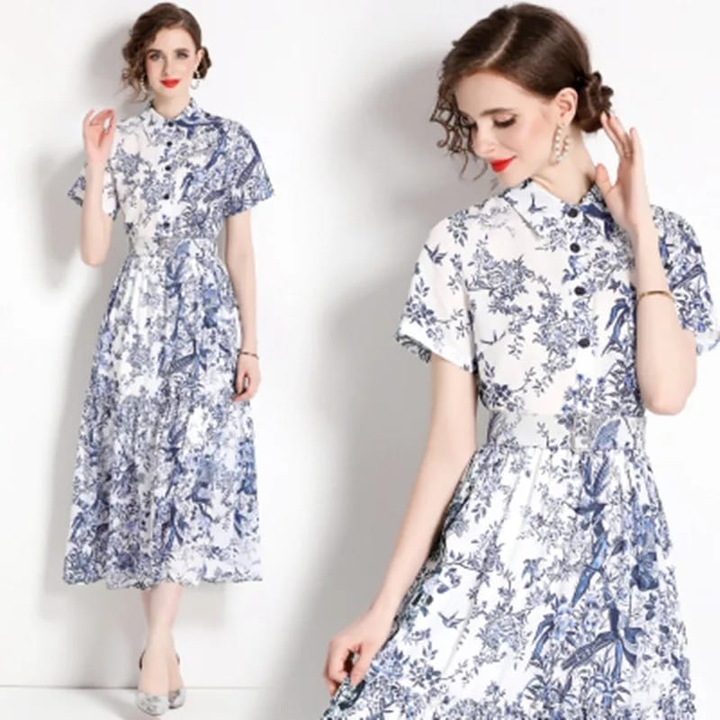 Women Fashion Single Breasted Short Sleeve Female Elegant Floral Print A-Line Belt Midi Dress L S4863819