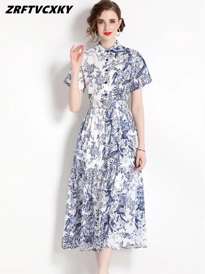 Women Fashion Single Breasted Short Sleeve Female Elegant Floral Print A-Line Belt Midi Dress L S4863819