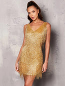 Gold Fashion Women's Tassel Sleeveless V-Neck Sequins Mini Dress XL X505606 - TUZZUT Qatar Online Shopping