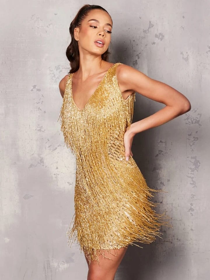 Gold Fashion Women's Tassel Sleeveless V-Neck Sequins Mini Dress XL X505606