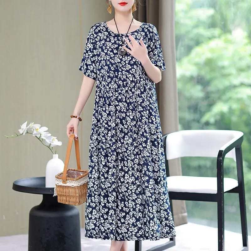Women's Round Neck Printed Patchwork Pocket Fashion Versatile Short Sleeve Loose Medium Length Dress 2XL 449285