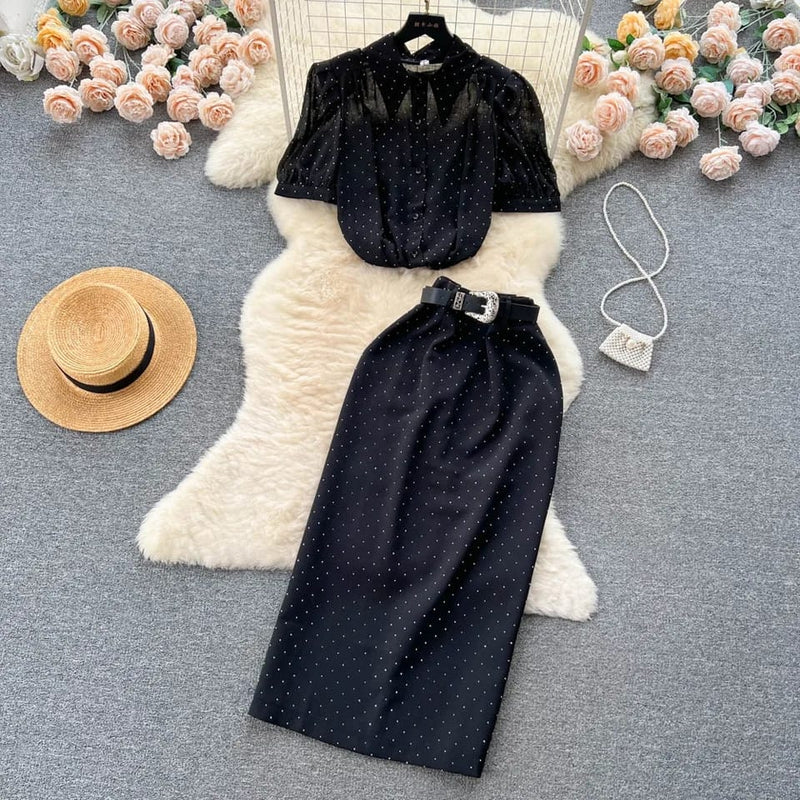 Women Lapel Single Breasted Chiffon Black Shirt Top + Bodycon Long Skirt Suits L 518513