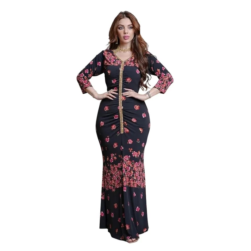 Summer Spring elegant Style Muslim Women Long Sleeve V-neck Polyester Printing Long Dress M 375724 Summer Spring elegant Style Muslim Women Long Sleeve V-neck Polyester Printing Long Dress M 375724