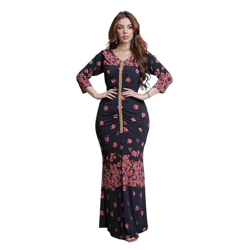 Summer Spring elegant Style Muslim Women Long Sleeve V-neck Polyester Printing Long Dress M 375724