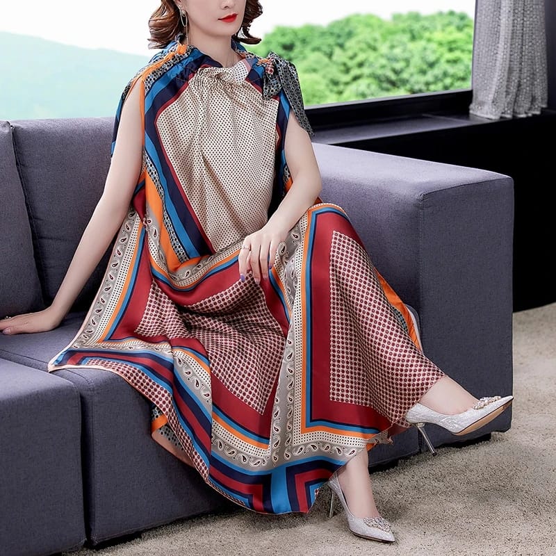 Loose Casual Print Mulberry Silk Maxi Dress Spring Summer Vintage Dress M X4410376 Loose Casual Print Mulberry Silk Maxi Dress Spring Summer Vintage Dress M X4410376
