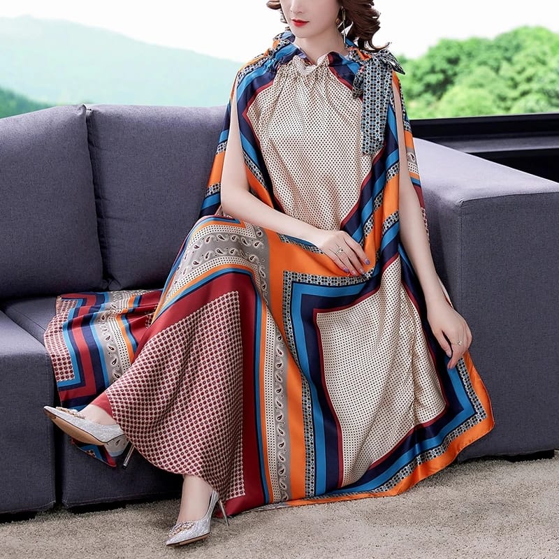 Loose Casual Print Mulberry Silk Maxi Dress Spring Summer Vintage Dress M X4410376