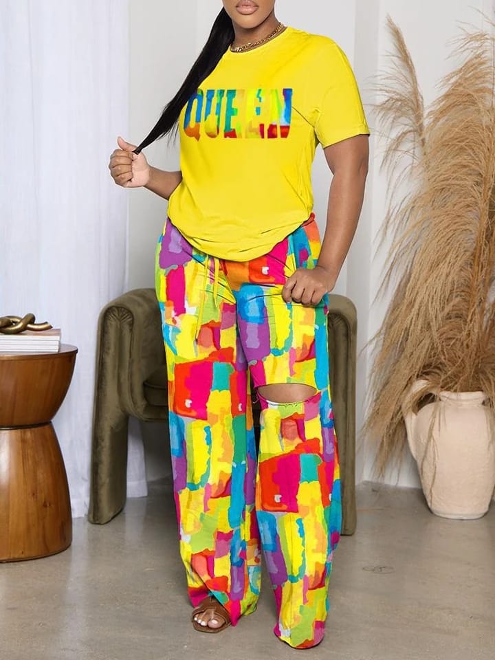 Summer Fashion Queen Letter Print Short Sleeve Top & Cutout Long Pants Set XL 444149 Summer Fashion Queen Letter Print Short Sleeve Top & Cutout Long Pants Set XL 444149