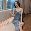 2 Piece Set Summer Women Suit Sexy V-Neck Jeans Vest+High Waist Button-up Denim Skirts S 518515 - TUZZUT Qatar Online Shopping