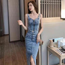 2 Piece Set Summer Women Suit Sexy V-Neck Jeans Vest+High Waist Button-up Denim Skirts S 518515 - TUZZUT Qatar Online Shopping