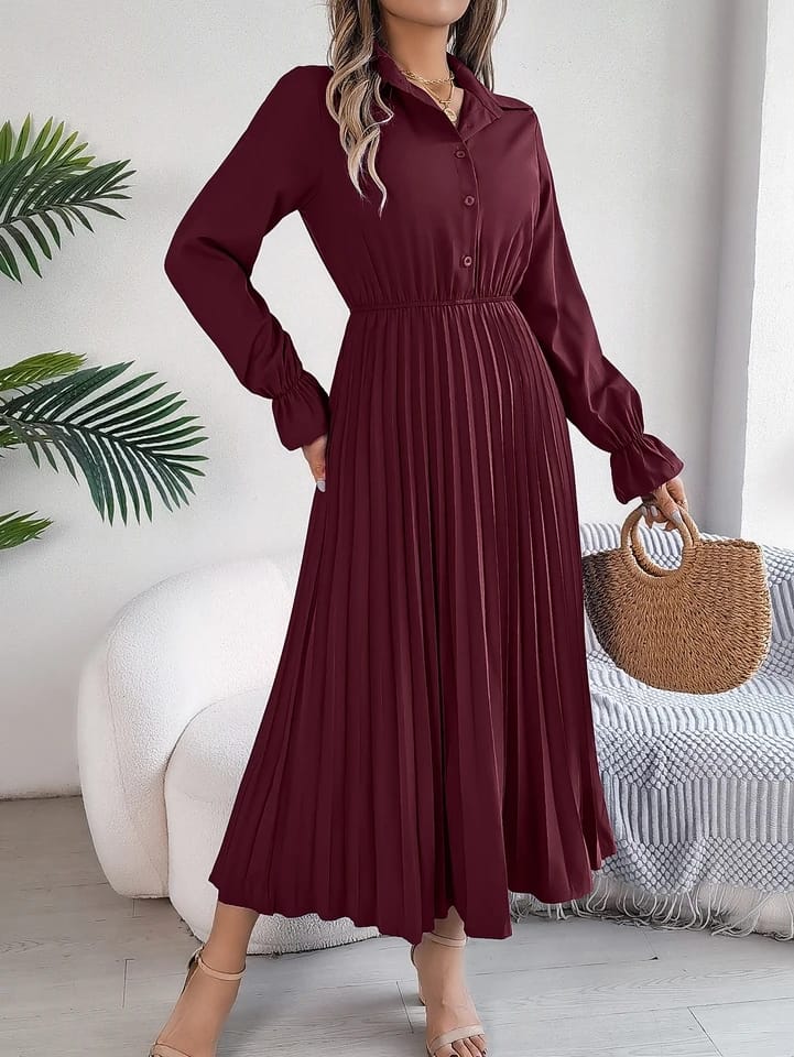 Elegant Single-breasted Pleated High Waist Solid Long Sleeve Dress XL S4349575 Elegant Single-breasted Pleated High Waist Solid Long Sleeve Dress XL S4349575