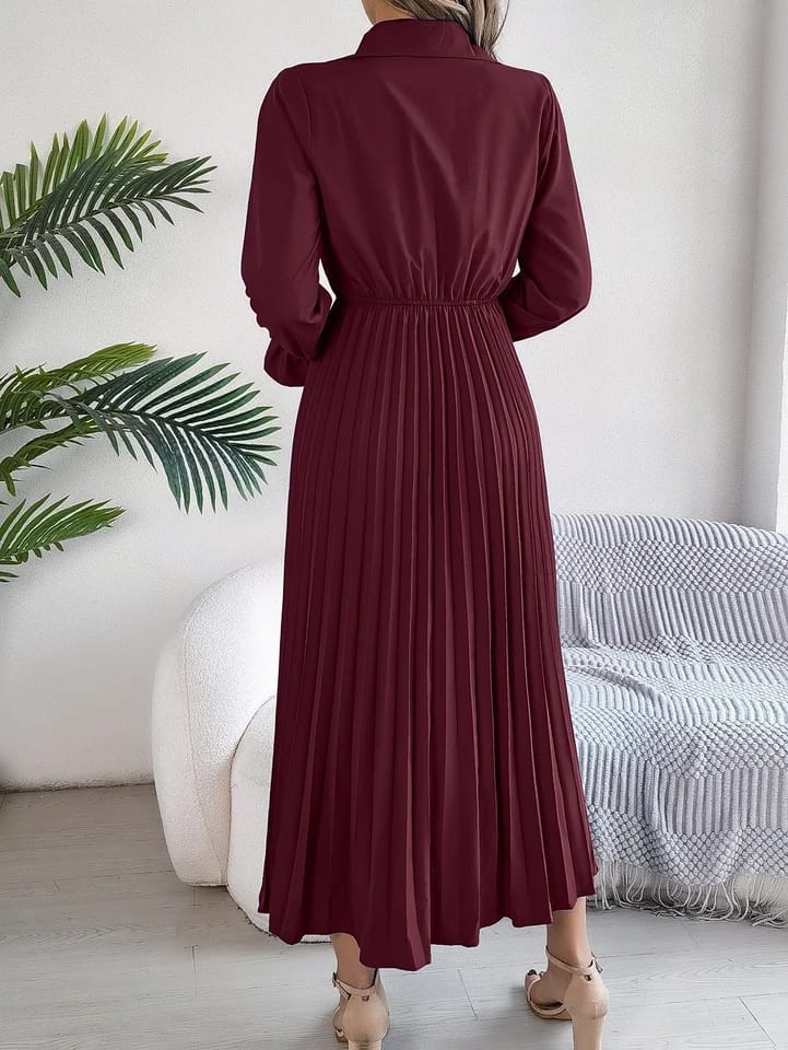 Elegant Single-breasted Pleated High Waist Solid Long Sleeve Dress XL S4349575