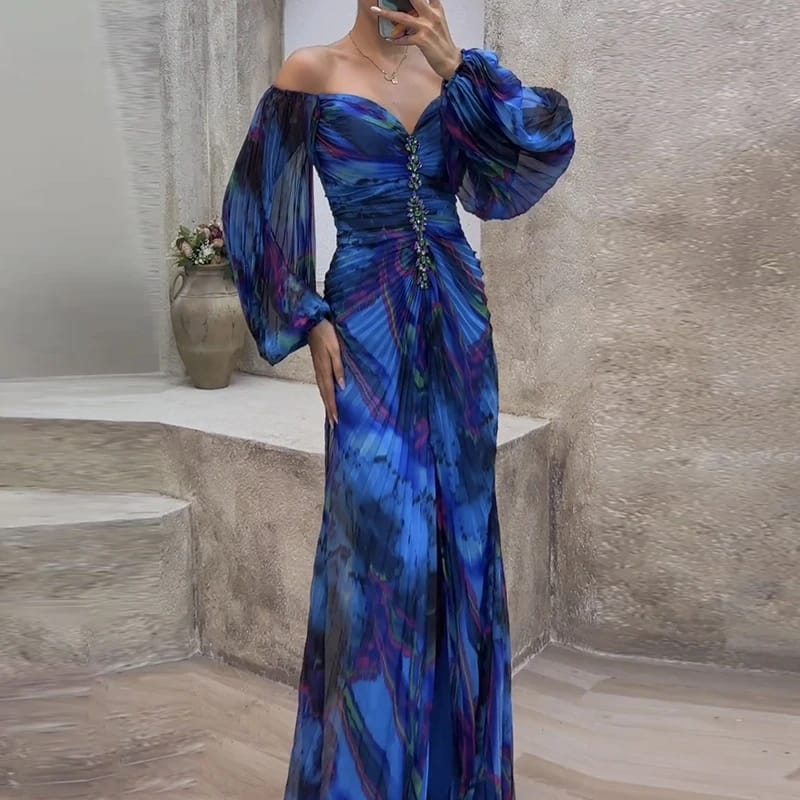 Women Off Shoulder Tie Dye Pleated Bodycon Dress XL 132563