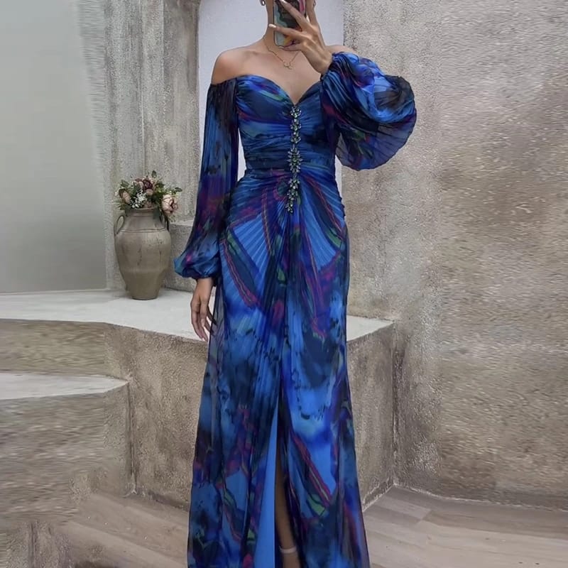 Women Off Shoulder Tie Dye Pleated Bodycon Dress XL 132563