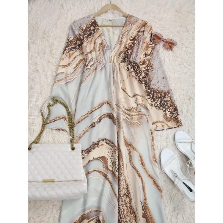 Women Summer Gold Marble Print Long V Neck Dress XL 104374