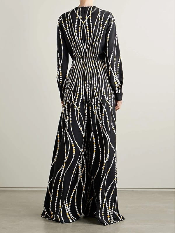 Women's Print V Neck Long Sleeve High Waist Wide Leg Overall Jumpsuit 133919 Women's Print V Neck Long Sleeve High Waist Wide Leg Overall Jumpsuit 133919