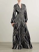 Women's Print V Neck Long Sleeve High Waist Wide Leg Overall Jumpsuit 133919 - TUZZUT Qatar Online Shopping