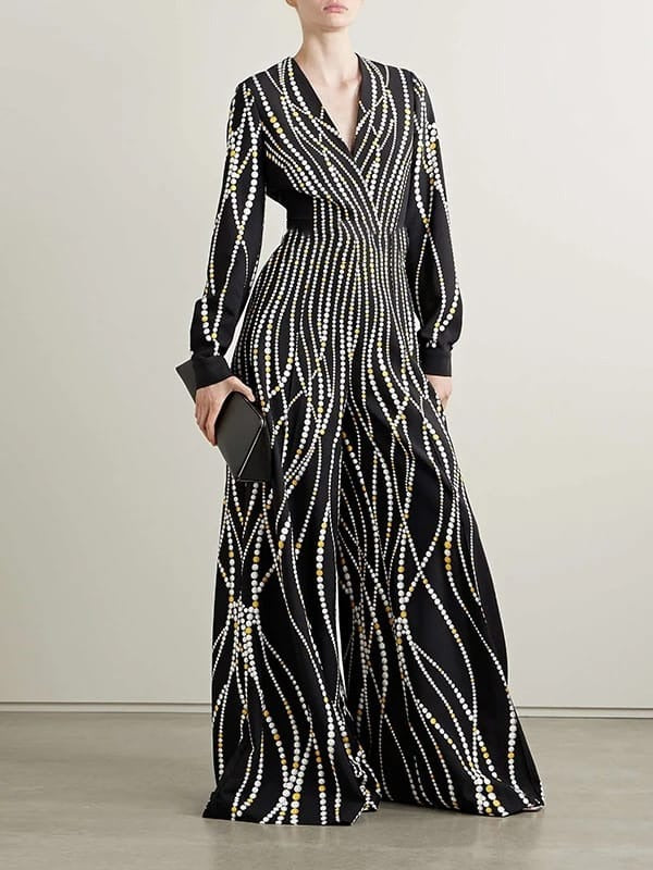 Women's Print V Neck Long Sleeve High Waist Wide Leg Overall Jumpsuit 133919 Women's Print V Neck Long Sleeve High Waist Wide Leg Overall Jumpsuit 133919