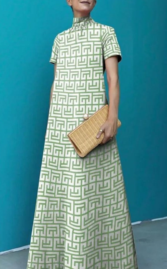 Loose Short Sleeves Printed Stand Collar Maxi Dress 121206 Loose Short Sleeves Printed Stand Collar Maxi Dress 121206