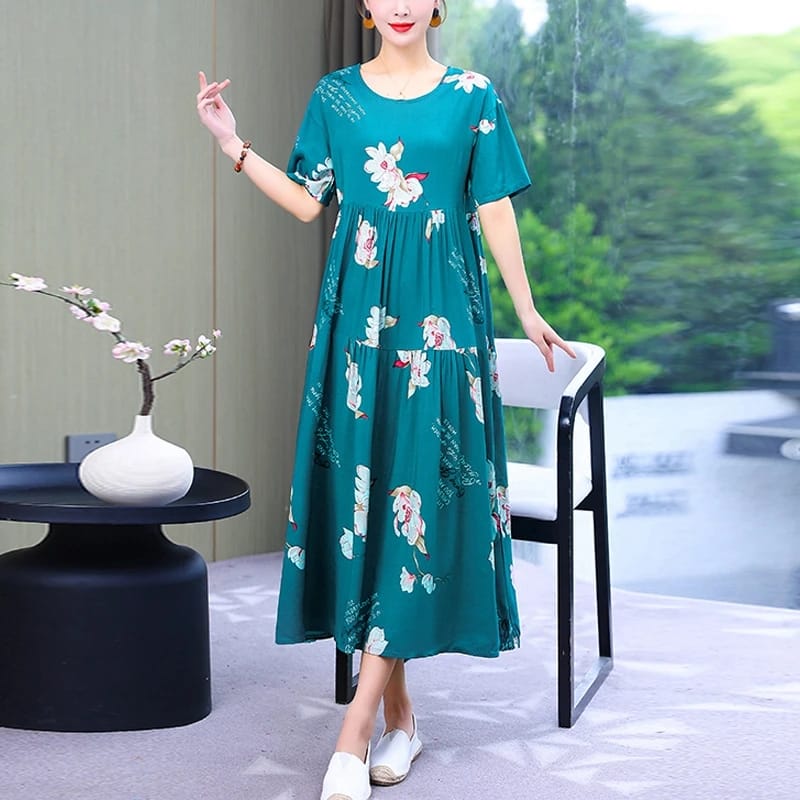 Women Floral Print Short Sleeve Elegant Vintage O Neck Plus Size Dress 2XL 449285