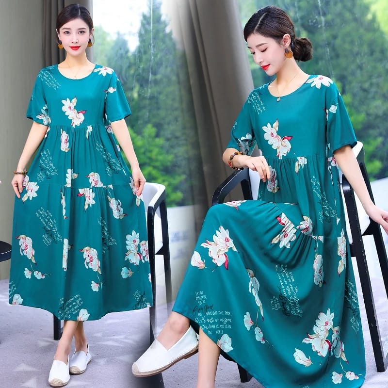 Women Floral Print Short Sleeve Elegant Vintage O Neck Plus Size Dress 2XL 449285