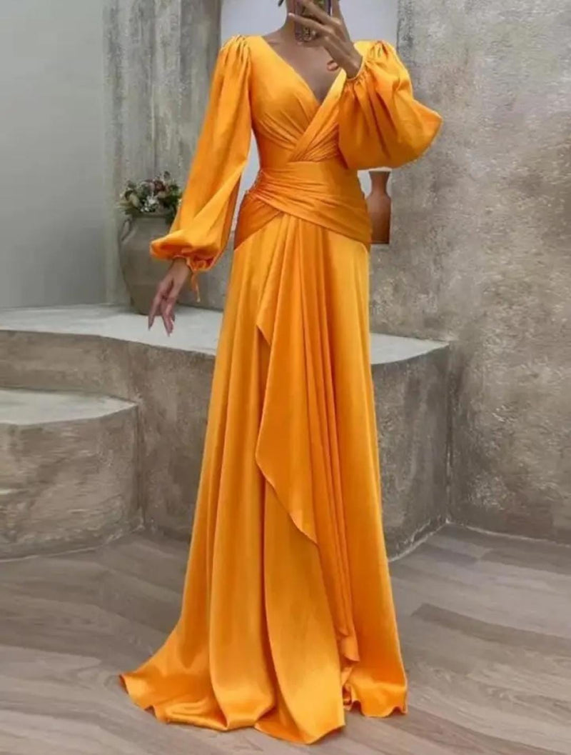 Women's Elegant Solid Color V Neck Puff Sleeve Pleated A-Line Prom Party Dress M 127186