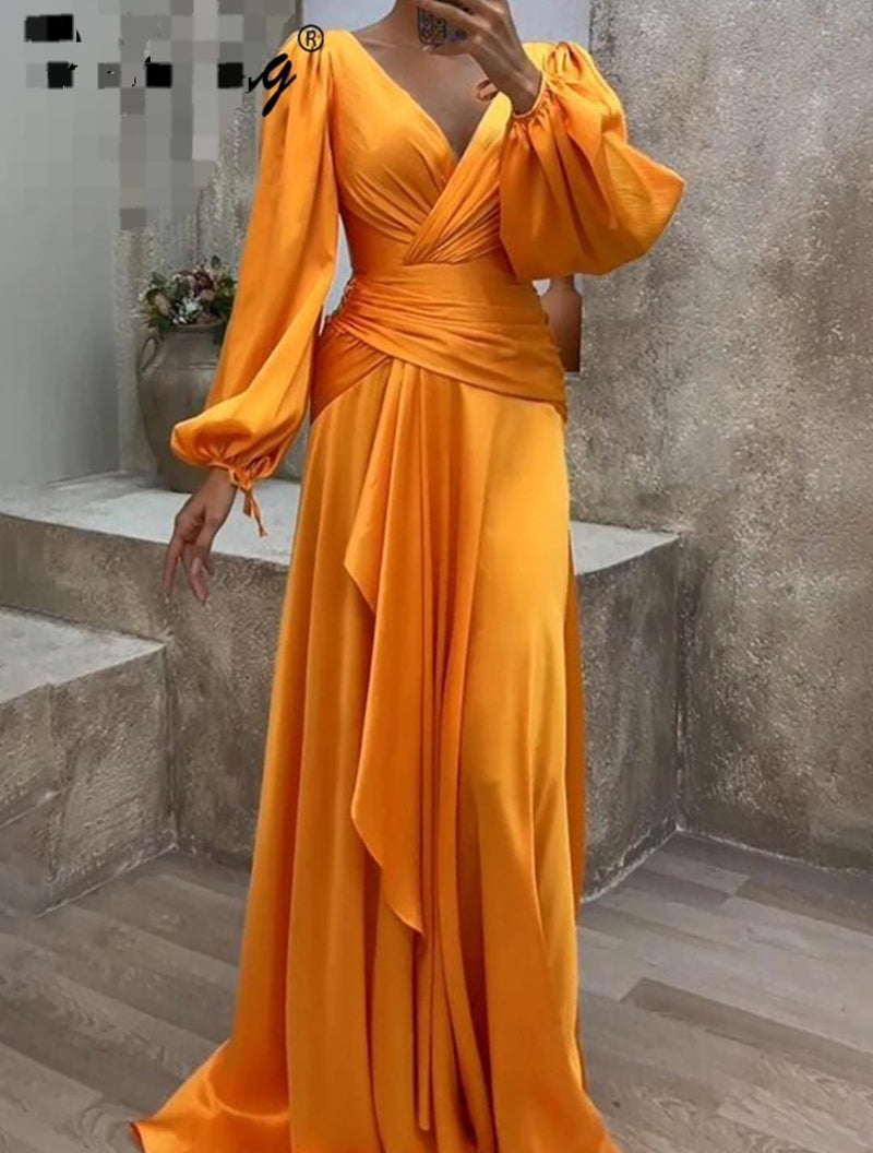 Women's Elegant Solid Color V Neck Puff Sleeve Pleated A-Line Prom Party Dress M 127186