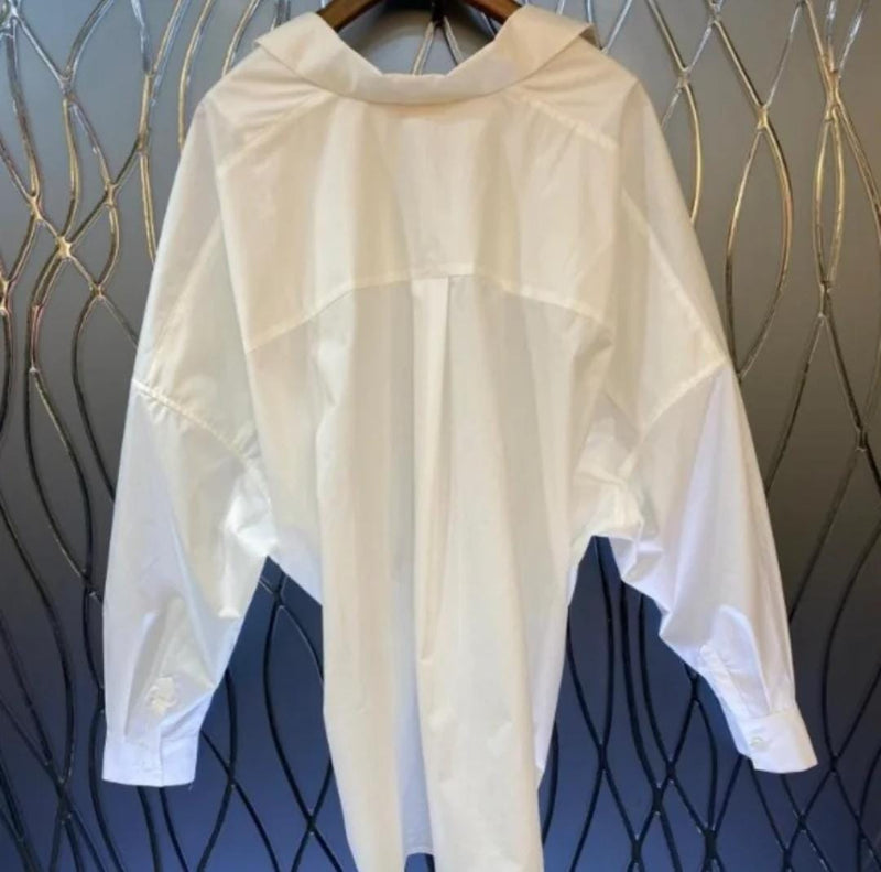 Women Irregular Ruffle V Neck Batwing Sleeve Loose White Shirt M 125048