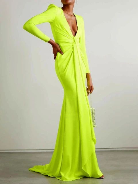 Women's Floor Length Deep V Neck Sexy Long Sleeve Fishtail Wrap Hip Evening Dress 127789