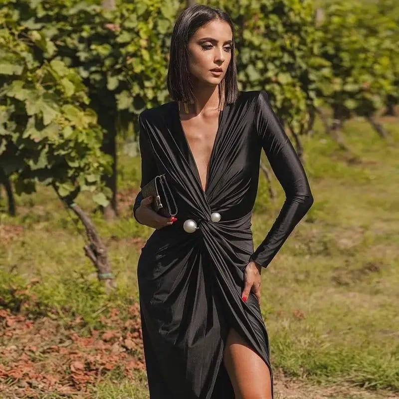 Deep V Neck Long Sleeve Dress With Side Slits European American Style Elegant Fashion For Women S 138058
