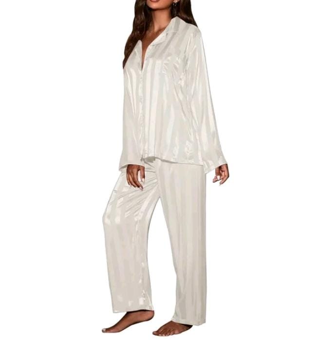 Women's striped solid French silk satin pajamas, two-piece set 124087 Women's striped solid French silk satin pajamas, two-piece set 124087