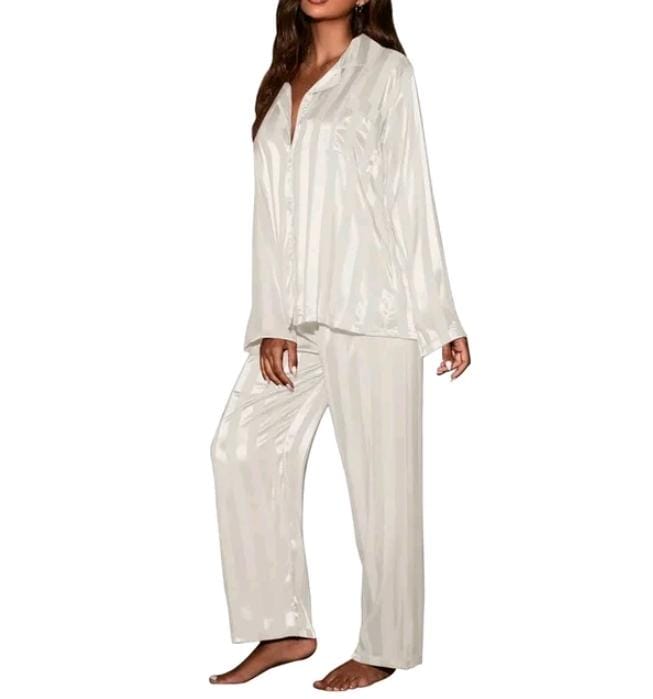 Women's striped solid French silk satin pajamas, two-piece set 124087
